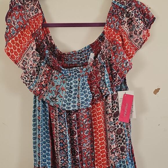 Floral Boho Maxi Dress Xhilaration S-XXL Smocked Off Shoulder Pockets Front Slit - Picture 3 of 5